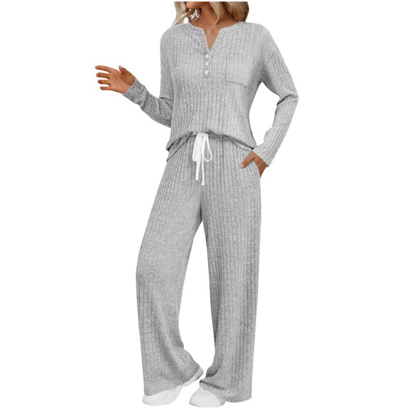Gpaecead Women's Knit Coordinates Set - V-Neck Top With Matching Trousers Casual Wear Gray