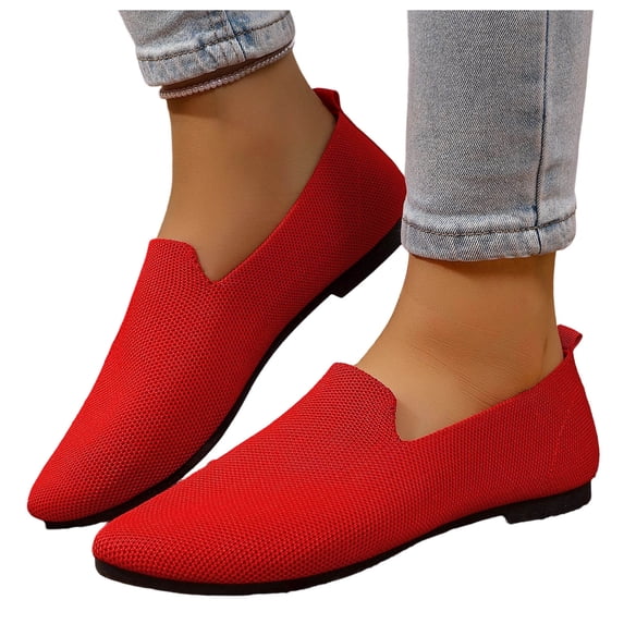 Gpaecead Women's Knit Flats Pointed Closed Toe Slip On Breathable Lightweight Cushioned Non Slip Loafers With Heel Pull Tab For Work, Red