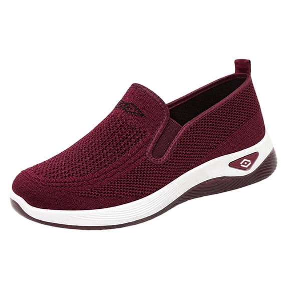 Gpaecead Women's Knit Mesh Flat Sneakers Breathable Soft Sole Slip On Spring Summer Comfortable Casual Walking Shoes A-Burgundy