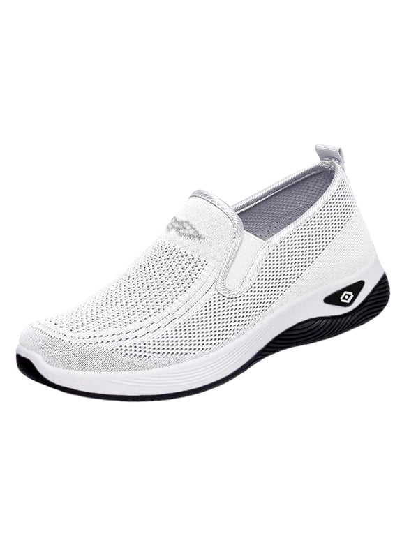 Women's Knit Mesh Flat Sneakers Breathable Soft Sole Slip On Spring Summer Comfortable Casual Walking Shoes A-White