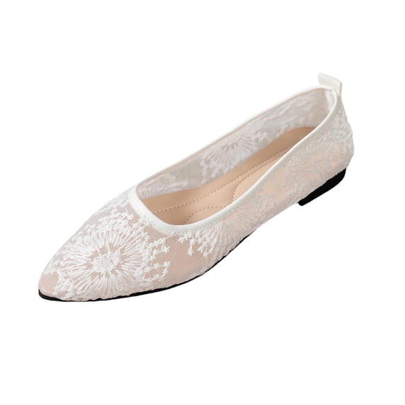 Gpaecead Women's Lace Ballet Flats Pointed Toe Breathable Slip On Cushioned Insole Lightweight Shoes For Travel And Weddings, White