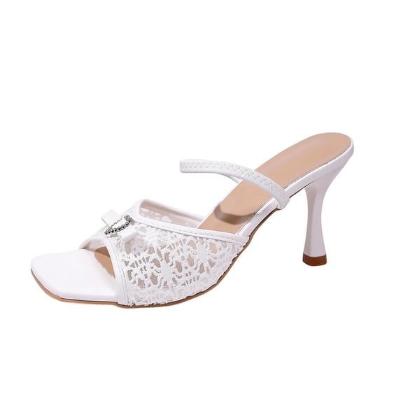 Gpaecead Women's Lace Bow Stiletto Heel Mules Square Open Toe Elegant Party Evening Dressy Shoes With Heart Rhinestone Buckle, White