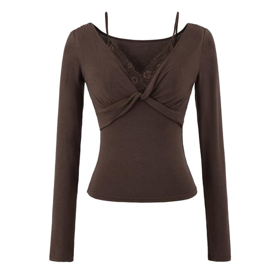 Gpaecead Women's Lace Detail V-Neck Blouse - Solid Color Long Sleeve Basic Top Brown