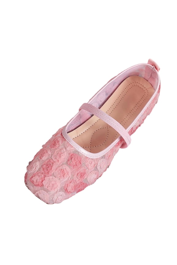 Women's Lace Fairy Style Mesh Flats Rose Embellished Elastic Strap Soft Sole Slip On Versatile Romantic Shoes, A-Pink