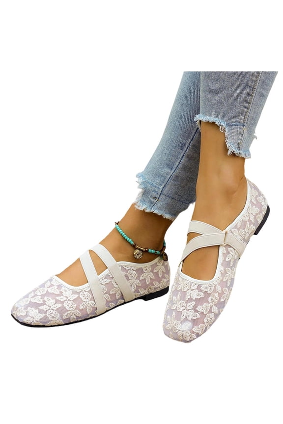 Women's Lace Floral Ballet Flats Breathable Mesh Elastic Cross Straps Slip On Non Slip Shoes For Summer, Beige