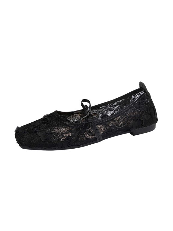 Women's Lace Floral Mary Jane Flats French Breathable Slip On Non Slip Shoes with 3D Applique for Wedding Black