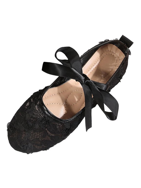 Women's Lace Satin Ribbon Ballet Flats Bridal Wedding Shoes with Padded Insole for Bridesmaid Daily Wear Black