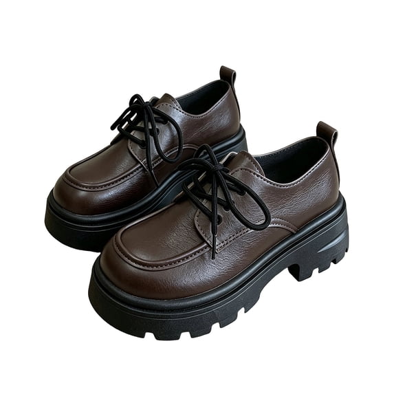 Gpaecead Women's Lace Up Chunky Heel Loafers Faux Leather Round Toe Casual Platform Oxford Shoes For Work And School Brown