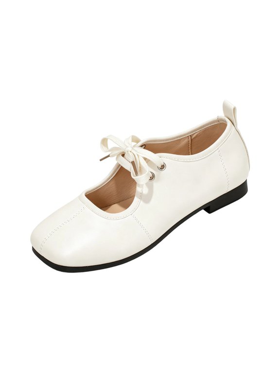 Women's Lace Up Mary Jane Flats Square Toe French Shoes with Non Slip Sole for Work Campus Casual White