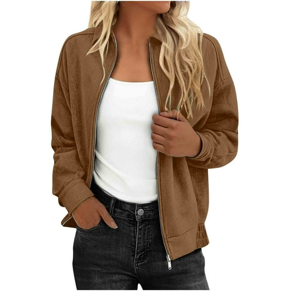 Gpaecead Women's Lapel Collar Zip Front Jacket, Casual Long Sleeve Outerwear Khaki
