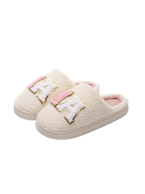 Women's Letter Embroidery Plush Slippers Closed Toe Warm Sherpa Fleece House Shoes with Non Slip Sole Pink