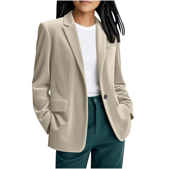Gpaecead Women's Long Sleeve Corduroy Blazer, Solid Color Button-Down Trench Coat Beige