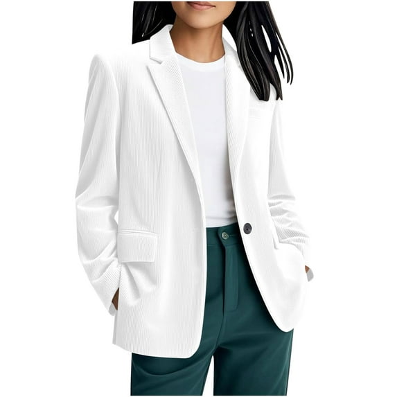 Gpaecead Women's Long Sleeve Corduroy Blazer, Solid Color Button-Down Trench Coat White
