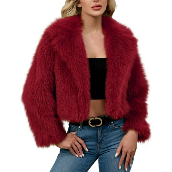 Gpaecead Women's Long Sleeve Faux Fur Jacket With Lapel Collar Winter Fleece Trench Coat Burgundy