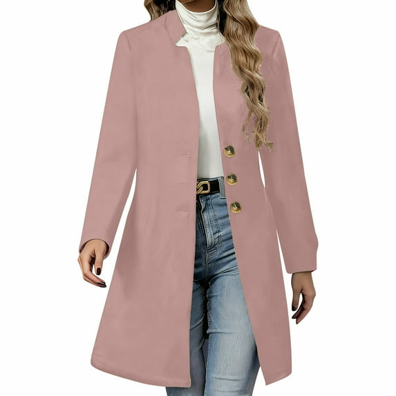 Gpaecead Women's Long Trench Coat - Pea Coat Solid Color Double-Breished Belted Waist Casual Outerwear Pink