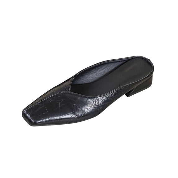 Gpaecead Women's Low Heel Mules Vintage Crinkled Faux Leather Square Toe Closed Non Slip Cushioned Slip On Shoes, Black