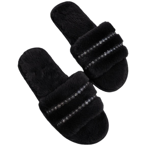 Gpaecead Women's Luxury Rhinestone Fuzzy One Band Slippers Open Toe ...