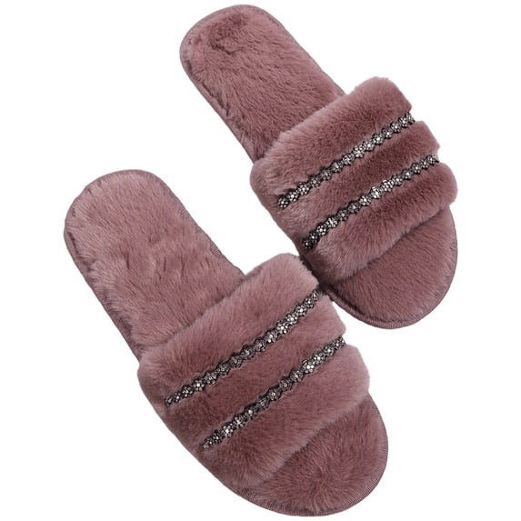 Gpaecead Women's Luxury Rhinestone Fuzzy One Band Slippers Open Toe ...