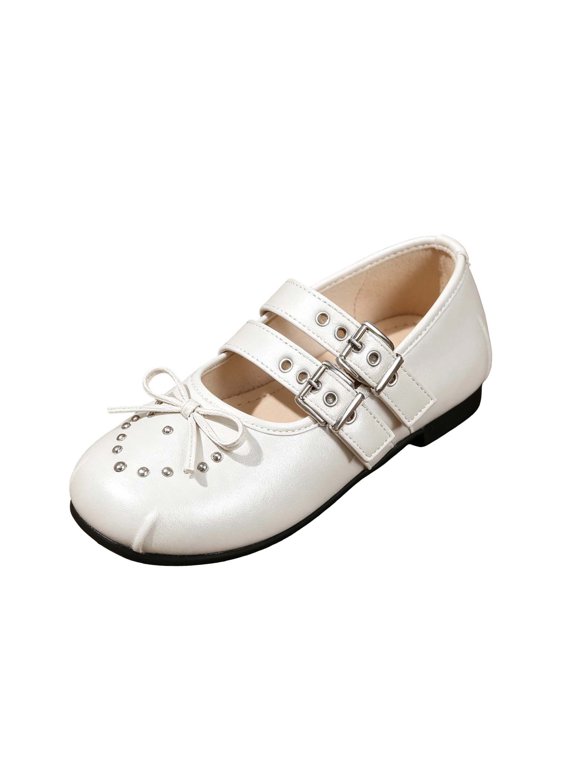 Women's Mary Jane Princess Shoes Bow Heart Studs Double Buckle Strap Dress Flats with Non Slip Sole for Wedding Beige