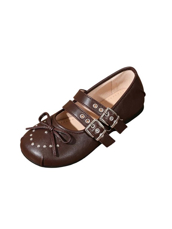 Women's Mary Jane Princess Shoes Bow Heart Studs Double Buckle Strap Dress Flats with Non Slip Sole for Wedding Brown