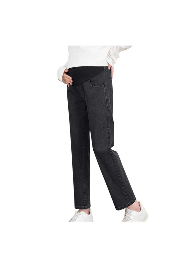 Women's Maternity Jeans Over Belly Comfy Stretch Boyfriend Jeans Denim Pregnancy Pants Black