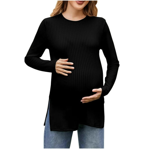 Gpaecead Women's Maternity Shirts Solid Color Long Sleeve Pregnant Comfort Casual Maternity Tops Black