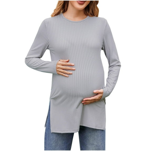 Gpaecead Women's Maternity Shirts Solid Color Long Sleeve Pregnant Comfort Casual Maternity Tops Gray