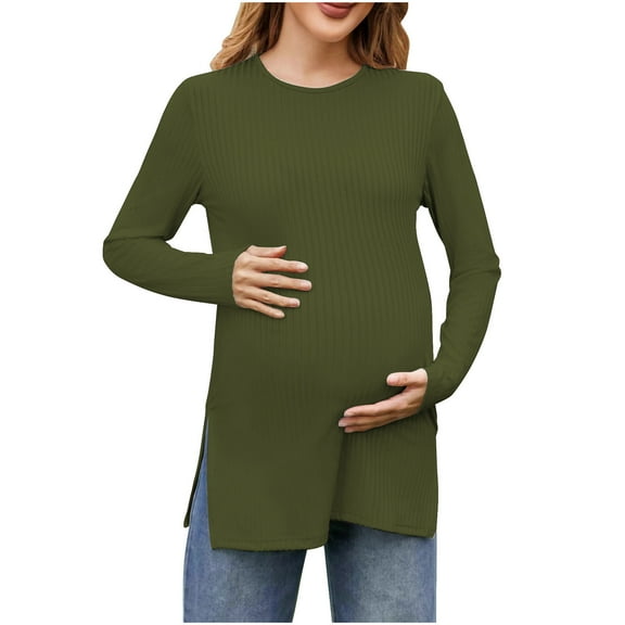 Gpaecead Women's Maternity Shirts Solid Color Long Sleeve Pregnant Comfort Casual Maternity Tops Olive Green