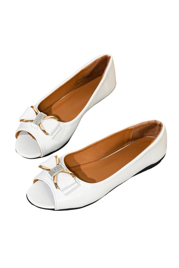 Women's Metal Bow Rhinestone Flats Open Toe Faux Leather Slip On Comfort Versatile Casual Shoes, White