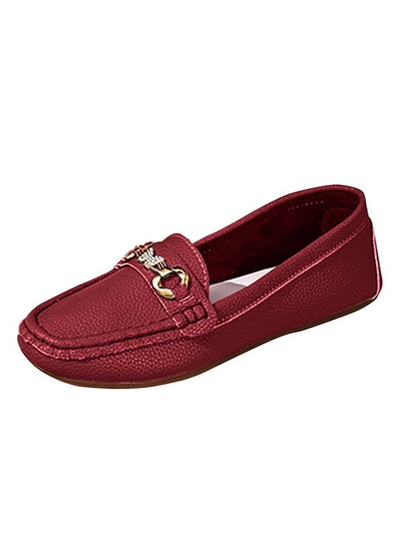 Women's Metal Buckle Flat Driving Loafers Moc Toe Faux Leather Slip On Cushioned Comfort Shoes For Office, Commute And Travel Burgundy
