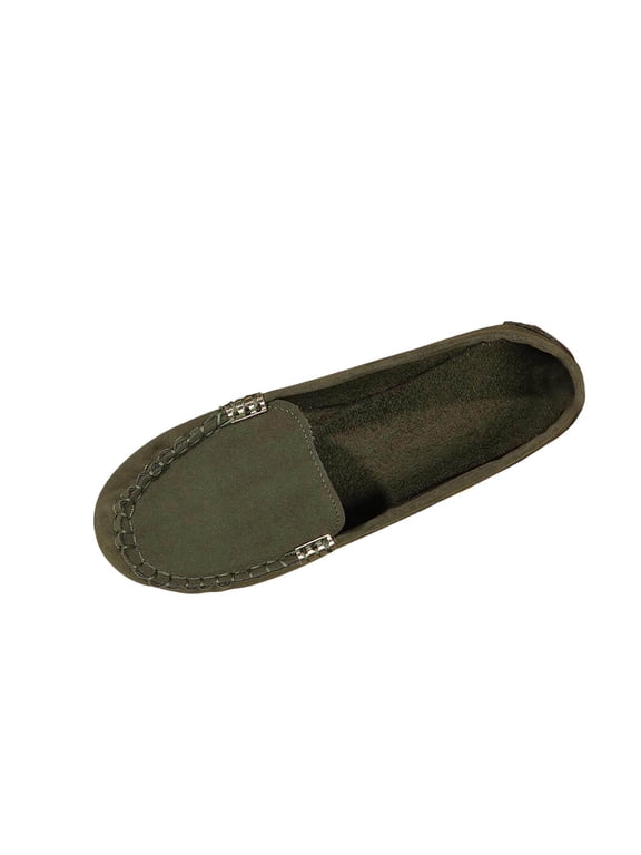 Women's Metal Buckle Flat Loafers Closed Toe Faux Leather Non Slip Lightweight Slip On Walking Mocs Boat Shoes For Work, Olive Green