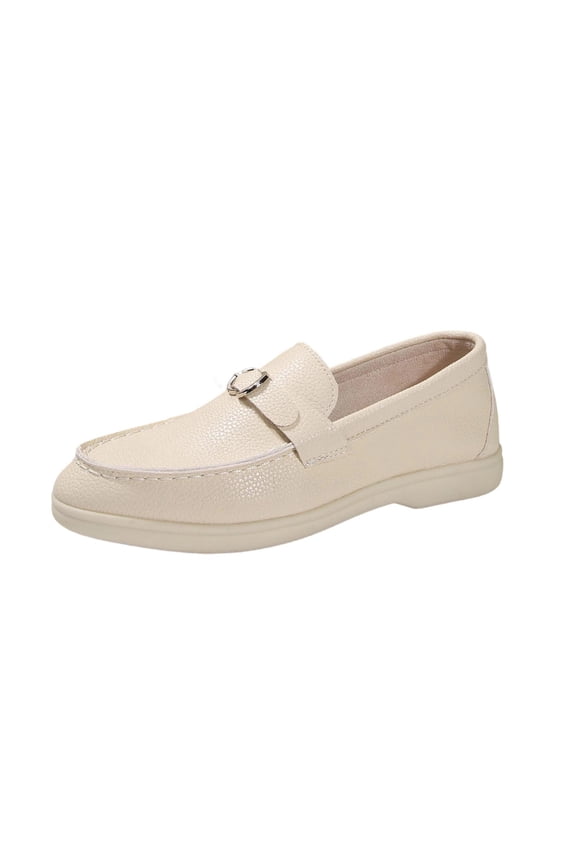 Women's Metal Buckle Flat Loafers Faux Leather Classic Versatile Comfort Slip On Casual Work Shoes, White