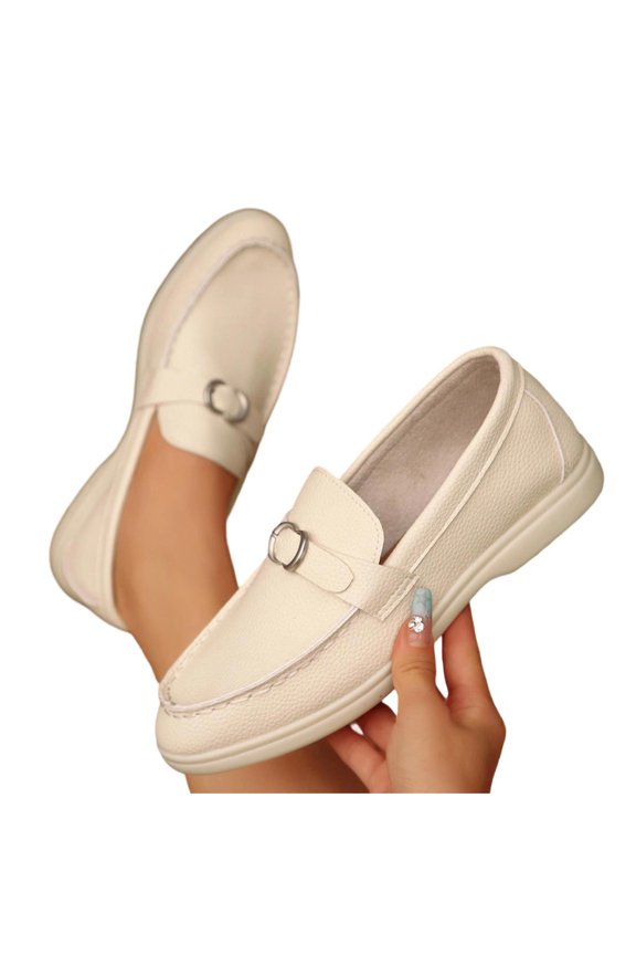 Women's Metal Buckle Flat Loafers Faux Leather Classic Versatile Comfort Slip On Casual Work Shoes, White