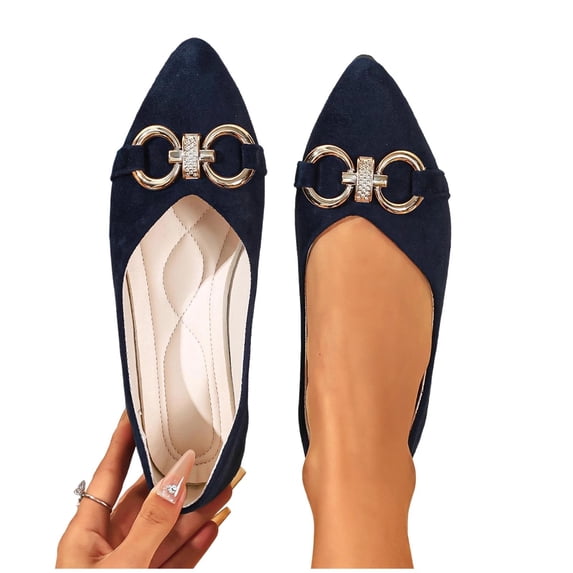 Gpaecead Women's Metal Buckle Flats Pointed Toe Faux Suede Slip On Cushioned Non Slip Shoes For Work And Parties, Navy