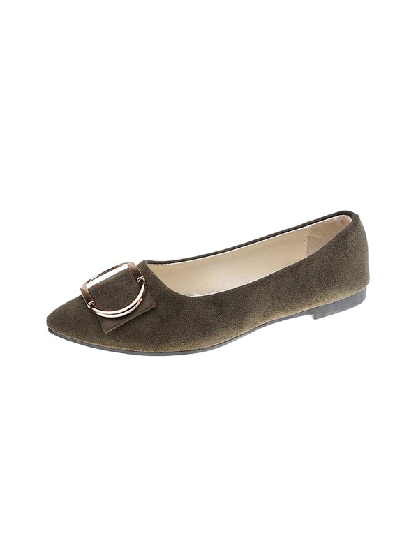 Women's Metal Buckle Low Heel Flats Pointed Toe Faux Suede Slip On Soft Sole Comfort Casual Work Shoes For Spring Summer Olive Green