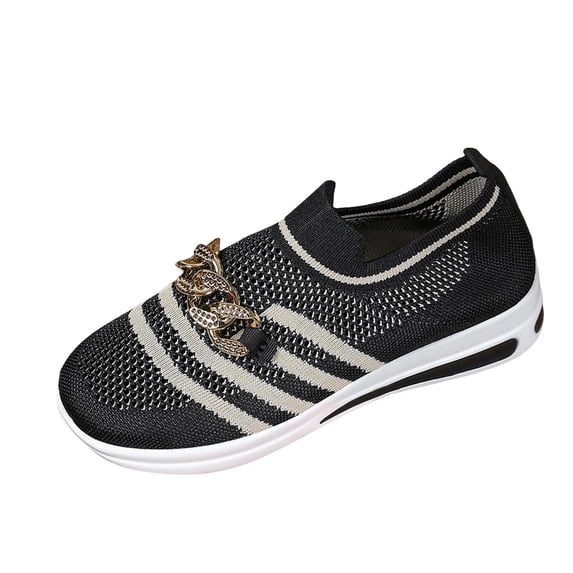 Gpaecead Women's Metal Chian Knit Walking Shoes Soft Sole Breathable Non Slip Comfortable Slip On Flats For Summer Daily Black