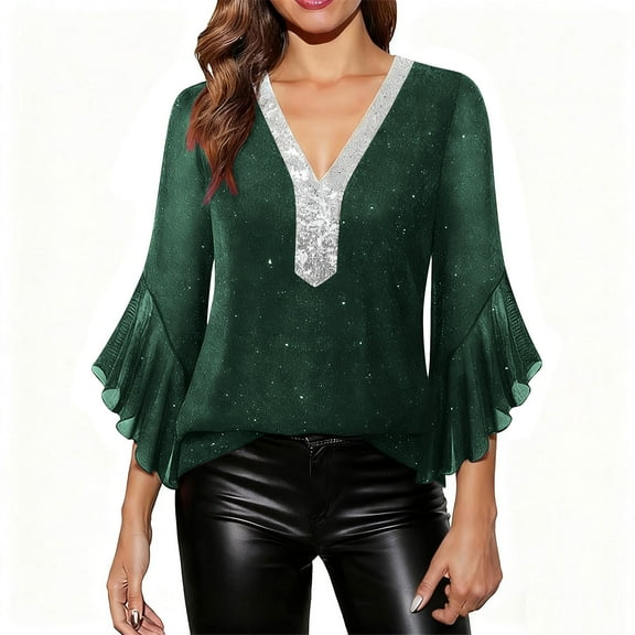 Gpaecead Women's Metallic Trim Mesh V-Neck Top - Shimmery 3/4 Sleeve Party Wear Olive Green