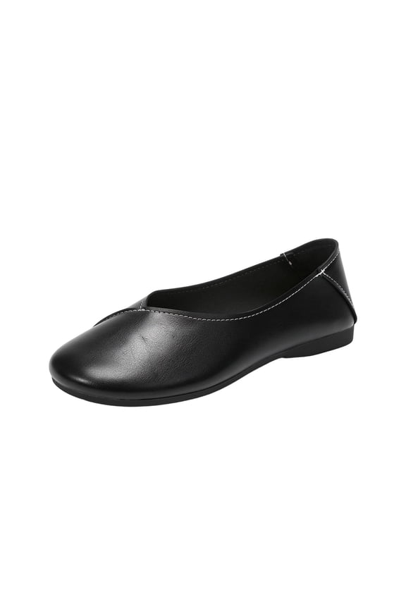Women's Minimalist V Neck Flats Round Toe Faux Leather Slip On Cushioned Insole Non Slip Shoes For Commute And Trave, Black