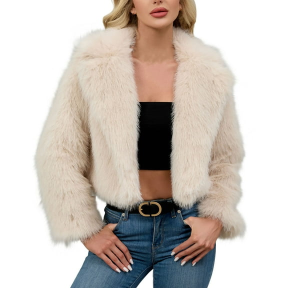 Gpaecead Women's Open Front Faux Fur Coat Long Sleeve Lapel Fleece Cardigan Jacket Beige
