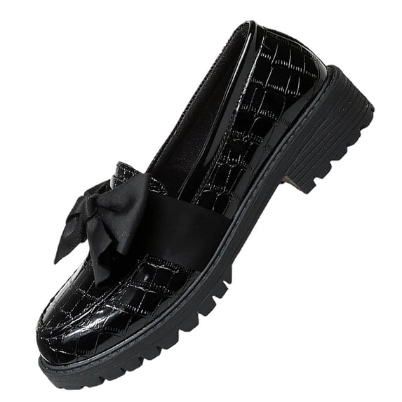 Gpaecead Women's Oversized Bow Embossed Platform Loafers Chunky Sole Slip On Patent Leather Comfort Shoes For Commute Campus Black