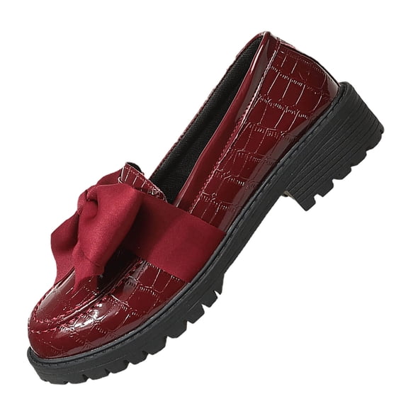Gpaecead Women's Oversized Bow Embossed Platform Loafers Chunky Sole Slip On Patent Leather Comfort Shoes For Commute Campus Burgundy