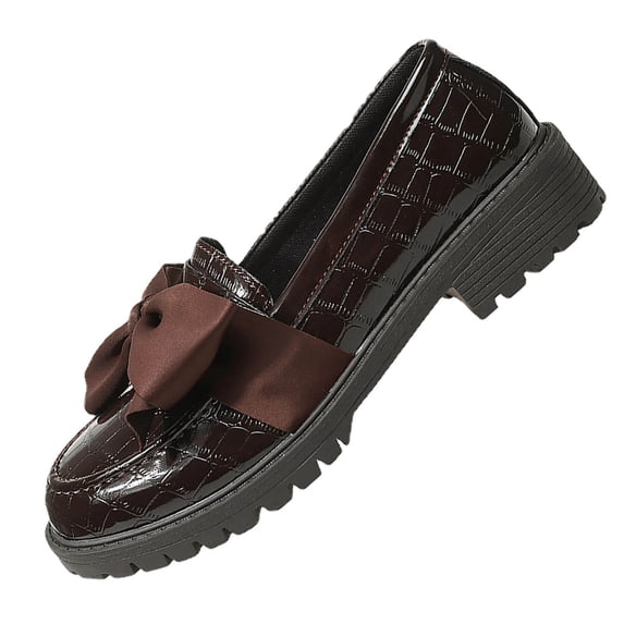 Gpaecead Women's Oversized Bow Embossed Platform Loafers Chunky Sole Slip On Patent Leather Comfort Shoes For Commute Campus Coffee