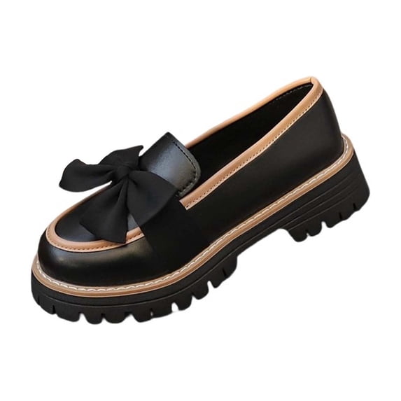 Gpaecead Women's Oversized Bow Platform Loafers Faux Leather Chunky Sole Slip On Non Slip Comfort Shoes For Work And Casual D-Black