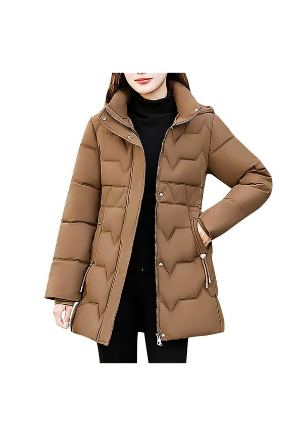 Women's Oversized Long Quilted Puffer Jacket Long Sleeve Winter Casual Padded Coat Brown