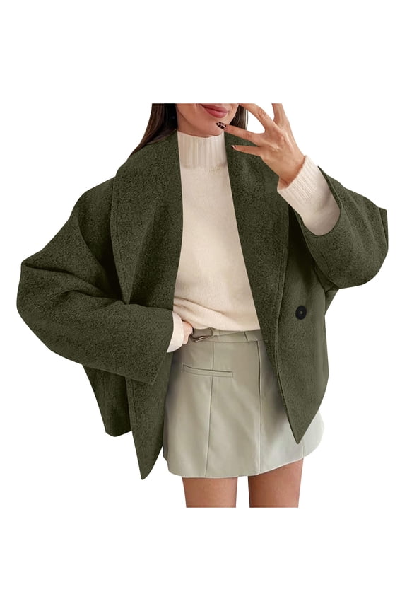 Women's Oversized Notch Lapel Pea Coat - Button Front Fall Winter Warm Jacket Olive Green