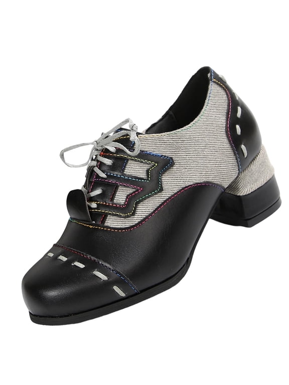 Women's Patchwork Chunky Heel Lace Up Oxfords Faux Leather Linen Fabric Comfort Dress Shoes With Stitching For Street Style Black