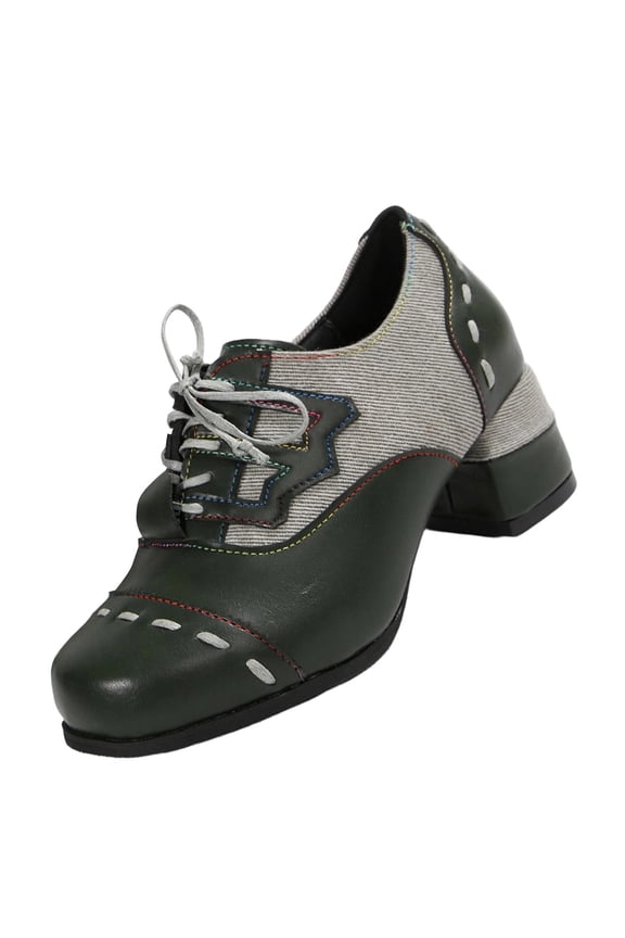 Women's Patchwork Chunky Heel Lace Up Oxfords Faux Leather Linen Fabric Comfort Dress Shoes With Stitching For Street Style Green