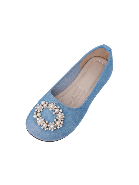 Women's Pearl Rhinestone Ballet Flats Faux Suede French Slip On Shoes with Cushioned Insole for Wedding Work Blue