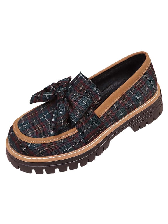Women's Plaid Bow Chunky Heel Loafers Closed Toe British Style Unique Versatile Platform Casual Shoes, Light Blue