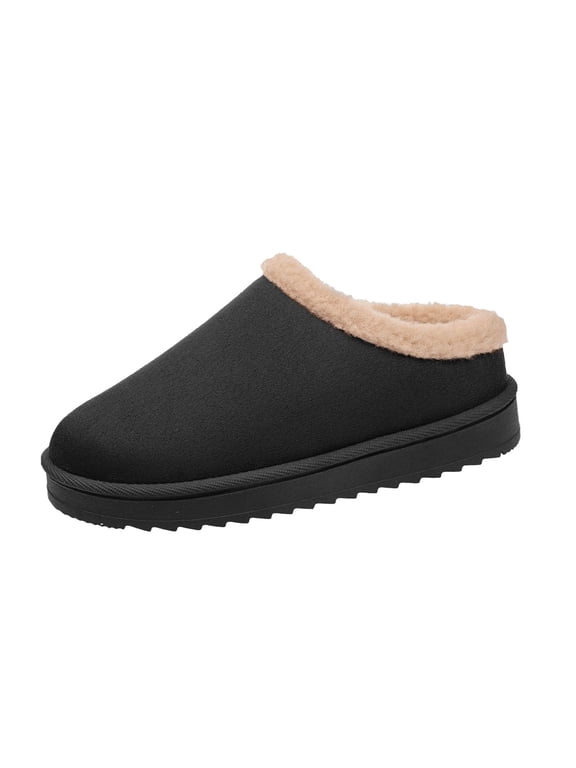 Women's Platform Slippers Faux Suede Chunky Sole Faux Shearling Lined Slip On House Shoes with Non Slip Grip for Winter Home Black